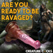 Fantasy centaur-themed dildo with a pink and brown veined shaft, displayed in a forest scene with a centaur warrior.
