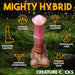 Pink and brown centaur-themed dildo with textured shaft, strong suction base, and harness compatibility on forest background.