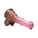 Brown and pink centaur-inspired silicone dildo with textured shaft and wide suction cup base.