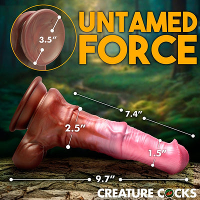 Pink and brown centaur-themed dildo with suction base, showing detailed measurements and textured design on forest background.