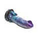 Blue and purple glittery dinosaur-themed silicone adult toy with suction base and textured details.