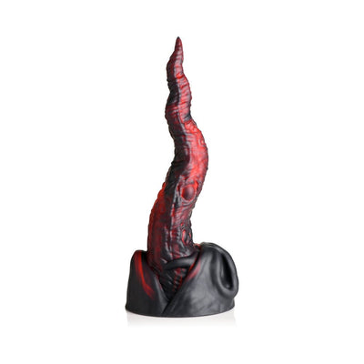 Red and black textured dragon tongue silicone dildo with suction cup base on white background