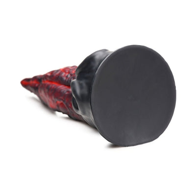 Red and black dragon tongue fantasy silicone dildo with wide suction cup base on white background.