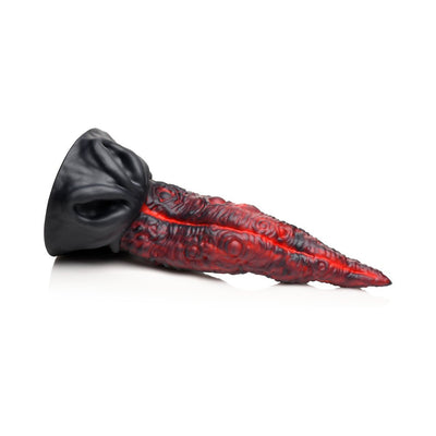 Red and black textured dragon tongue silicone dildo with suction cup base on a white background.