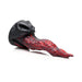 Red and black textured dragon tongue silicone dildo with suction cup base on white background.