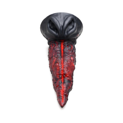 Red and black textured silicone fantasy dildo shaped like a dragon's tongue with a wide, flared base.