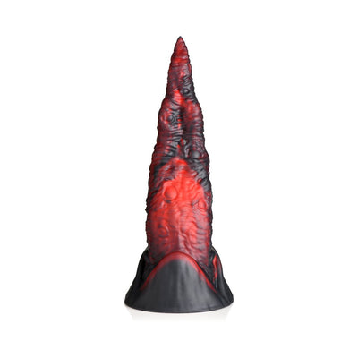 Red and black textured dragon tongue silicone dildo with suction cup base, standing upright on white background.