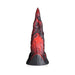 Red and black textured dragon tongue silicone dildo with suction cup base, standing upright on white background.