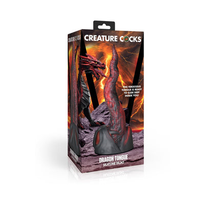 Packaging box of Creature Cocks Dragon Tongue silicone dildo featuring a red and black dragon tongue design with a volcanic background.