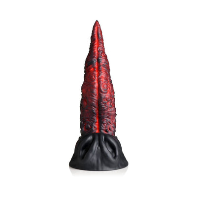 Red and black textured dragon tongue silicone dildo with a wide black suction cup base on a white background.