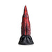 Red and black textured dragon tongue silicone dildo with a wide black suction cup base on a white background.