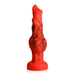 Red and black silicone fantasy dildo with textured bulges and suction cup base for hands-free use.