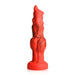 Red and black silicone fantasy dildo with textured bulges and suction cup base for hands-free use.