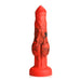 Red and black marbled silicone fantasy dildo with textured bulges and suction cup base.