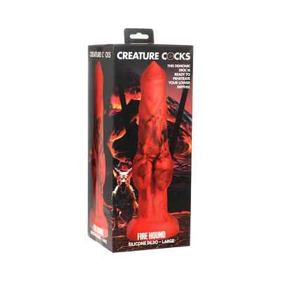 Packaging box of Creature Cocks Fire Hound Large red and black silicone dildo with fantasy design and suction cup base.