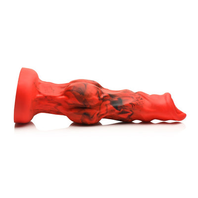 Red and black marbled fantasy silicone dildo with textured bulges and suction cup base, designed for hands-free use.