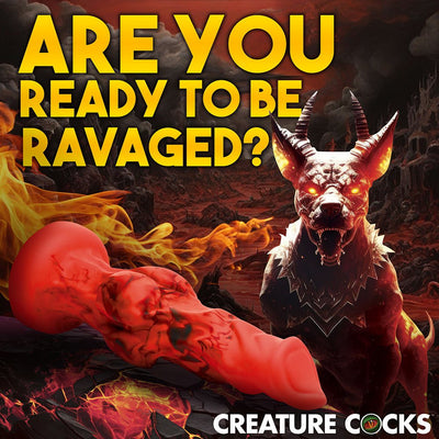 Red and black silicone fantasy dildo with suction base displayed next to a fiery demonic hound illustration and bold yellow text.