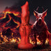Red and black silicone fantasy dildo with bulging knots and tapered tip, set against a fiery volcanic background with a demonic hound.