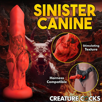 Red and black textured fantasy dildo with bulging knots and wide suction base, shown with harness compatibility and close-up detail.