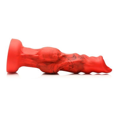 Red and black silicone fantasy dildo with textured ridges and suction cup base for hands-free use.