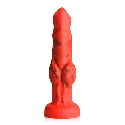 Red and black silicone fantasy dildo with textured bulges and suction cup base for hands-free use.
