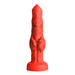 Red and black silicone fantasy dildo with textured bulges and suction cup base for hands-free use.