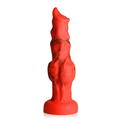 Red silicone fantasy dildo with black smoky accents, textured with bulging knots and a wide suction cup base.