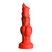 Red silicone fantasy dildo with black smoky accents, textured with bulging knots and a wide suction cup base.