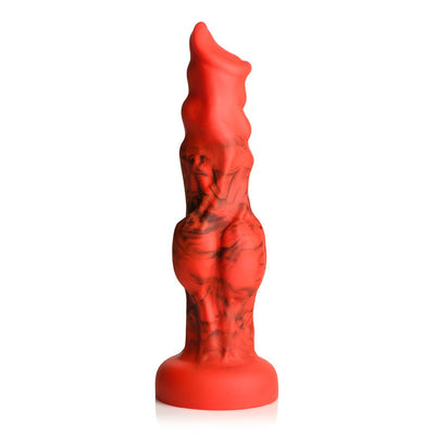 Red fantasy-themed dildo with black smoky lines and textured bulges, featuring a wide suction cup base.