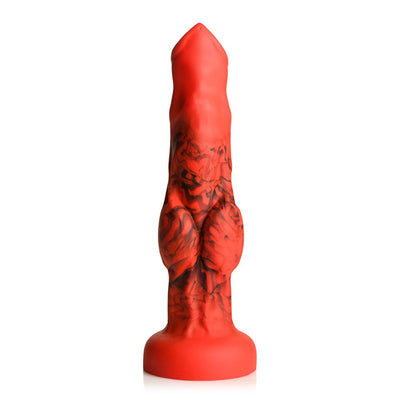 Red silicone fantasy dildo with black smoky marbling, textured bulges, tapered tip, and wide suction cup base.