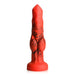 Red silicone fantasy dildo with black smoky marbling, textured bulges, tapered tip, and wide suction cup base.