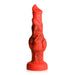 Red silicone fantasy dildo with black smoky accents and textured bulges, featuring a wide suction cup base for hands-free use.
