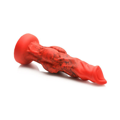 Red silicone fantasy dildo with black smoky lines, bulging knots near the base, and a wide suction cup base for hands-free use.