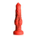 Red silicone fantasy dildo with black smoky accents, bulging knots near base, and wide suction cup base for hands-free use.