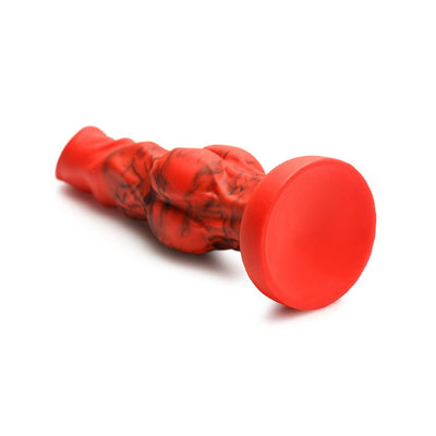 Red and black marbled silicone fantasy dildo with textured knots and wide suction cup base.