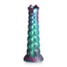 Iridescent teal, blue, and red textured ovipositor dildo with suction base and open-mouthed tip for fantasy play.