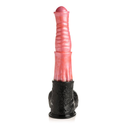 Extra-large fantasy-themed dildo with peach ribbed shaft and black textured base with suction cup for hands-free use.