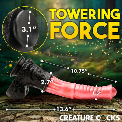 Peach and black fantasy dildo with suction base, detailed shaft, and size measurements on forest background.