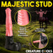 Peach and black centaur-themed dildo with ribbed texture, suction base, and harness compatibility shown with fantasy centaur figure.