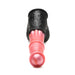 Extra-large fantasy dildo with peach ribbed shaft and textured black base with suction cup for hands-free use.