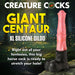 Peach and black extra-large centaur-themed silicone dildo with textured shaft and wide suction base on forest background.