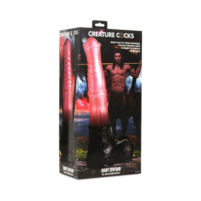 Packaging of Creature Cocks Giant Centaur XL silicone dildo featuring a centaur fantasy design with a peach and black color scheme.