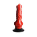 Red fantasy canine-themed dildo with textured shaft and black suction cup base standing upright on white background.