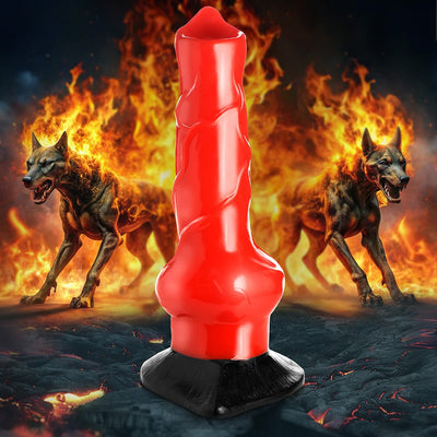 Red, large fantasy canine-themed dildo with black suction base, set against a fiery background with two hellhound dogs.