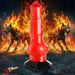 Red, large fantasy canine-themed dildo with black suction base, set against a fiery background with two hellhound dogs.