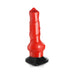 Large red fantasy canine dildo with textured shaft and bulbous base on black suction cup stand.