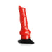 Red canine-inspired fantasy dildo with textured veins and bulbous details, featuring a black suction cup base for hands-free use.
