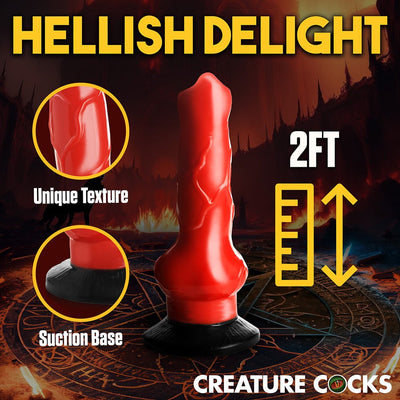 Red 2-foot fantasy dildo with textured shaft and black suction cup base on a fiery background.