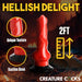 Red 2-foot fantasy dildo with textured shaft and black suction cup base on a fiery background.