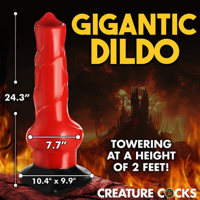 Red and black 2-foot tall fantasy-themed dildo with suction cup base and detailed texture against fiery background.
